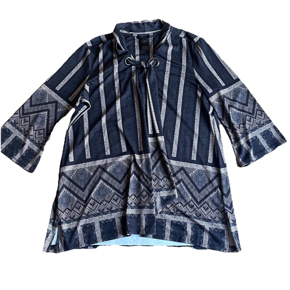 Ali Miles Tunic Top Necktie Large Black Geometric Kimono Sleeves